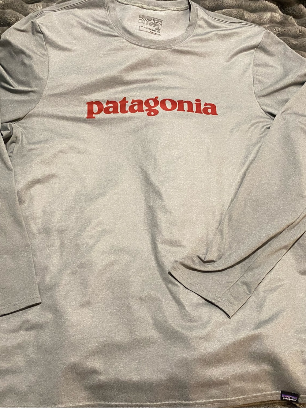 Patagonia Light Gray Long Sleeve Shirt with Red Logo